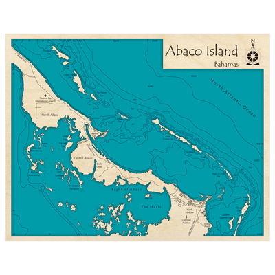 Bathymetric topo map of Abaco Island with roads, towns and depths noted in blue water