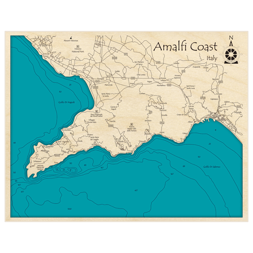 Bathymetric topo map of Amalfi Coast with roads, towns and depths noted in blue water