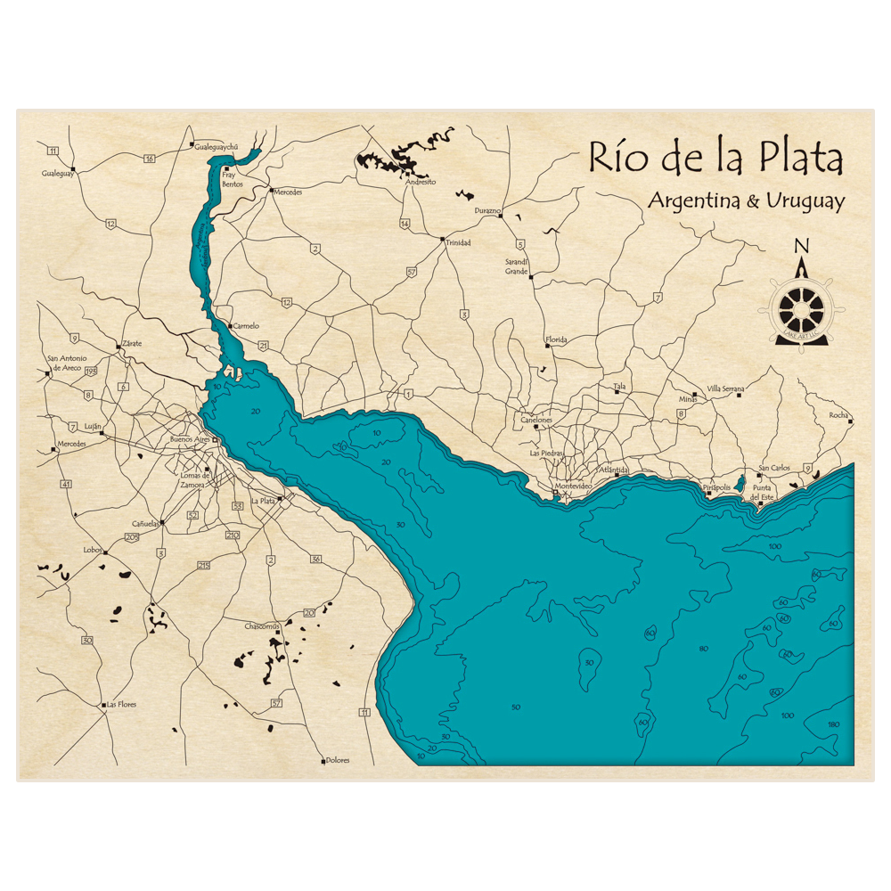 Bathymetric topo map of Rio de la Plata (From Buenos Aires to Montevideo) with roads, towns and depths noted in blue water