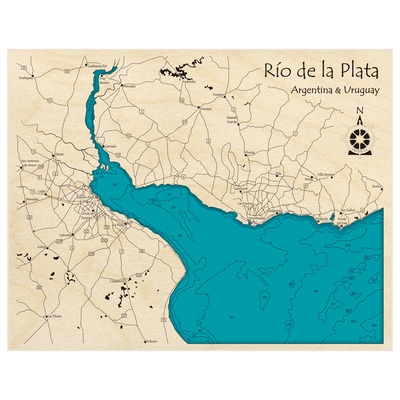 Bathymetric topo map of Rio de la Plata (From Buenos Aires to Montevideo) with roads, towns and depths noted in blue water