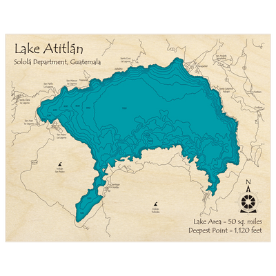 Bathymetric topo map of Lake Atitlan with roads, towns and depths noted in blue water