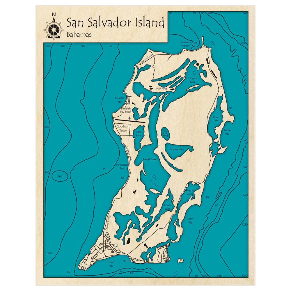 Bathymetric topo map of San Salvador Island with roads, towns and depths noted in blue water