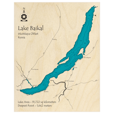 Bathymetric topo map of Lake Baikal with roads, towns and depths noted in blue water