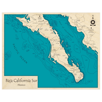 Bathymetric topo map of Baja California Sur (south half) with roads, towns and depths noted in blue water