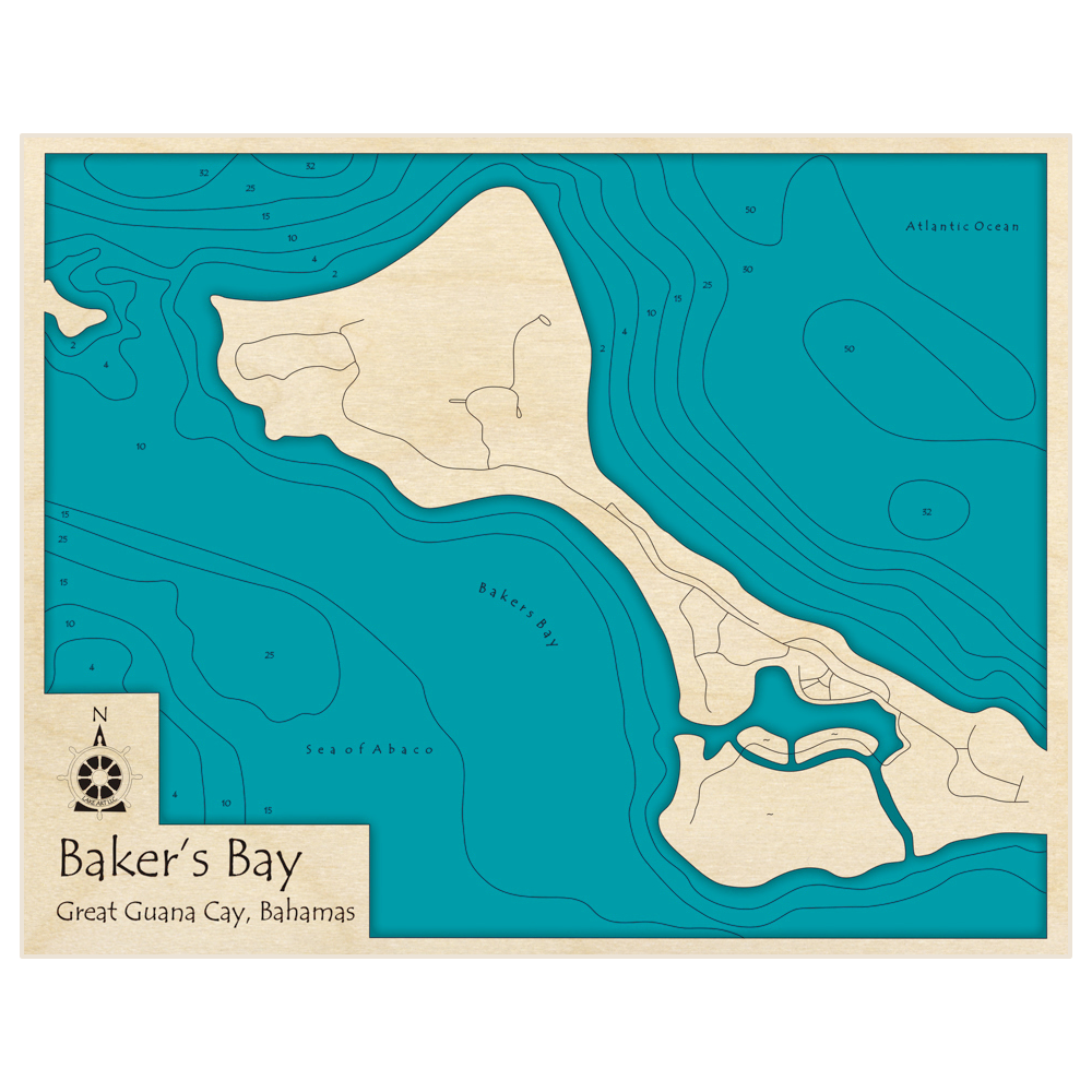 Bathymetric topo map of Bakers Bay at Great Guana Cay with roads, towns and depths noted in blue water