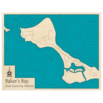 Bathymetric topo map of Bakers Bay at Great Guana Cay with roads, towns and depths noted in blue water