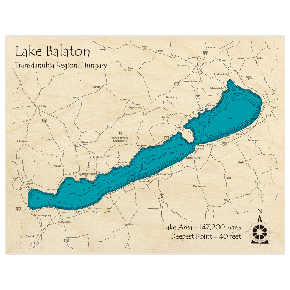 Bathymetric topo map of Lake Balaton with roads, towns and depths noted in blue water