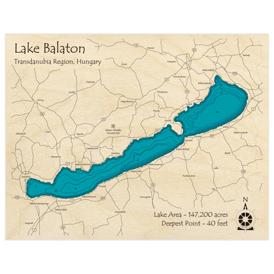 Bathymetric topo map of Lake Balaton with roads, towns and depths noted in blue water