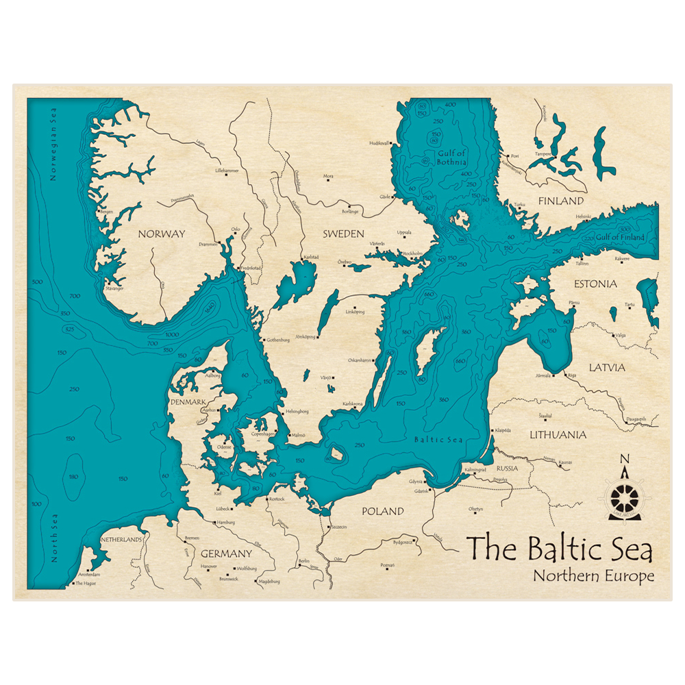 Bathymetric topo map of Baltic Sea with roads, towns and depths noted in blue water