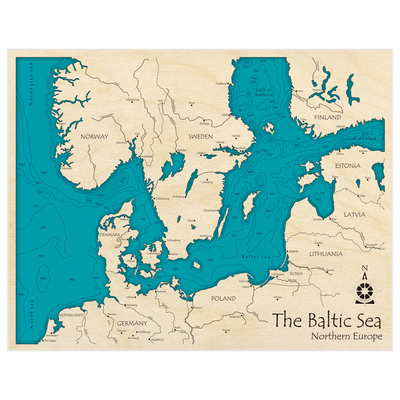 Bathymetric topo map of Baltic Sea with roads, towns and depths noted in blue water