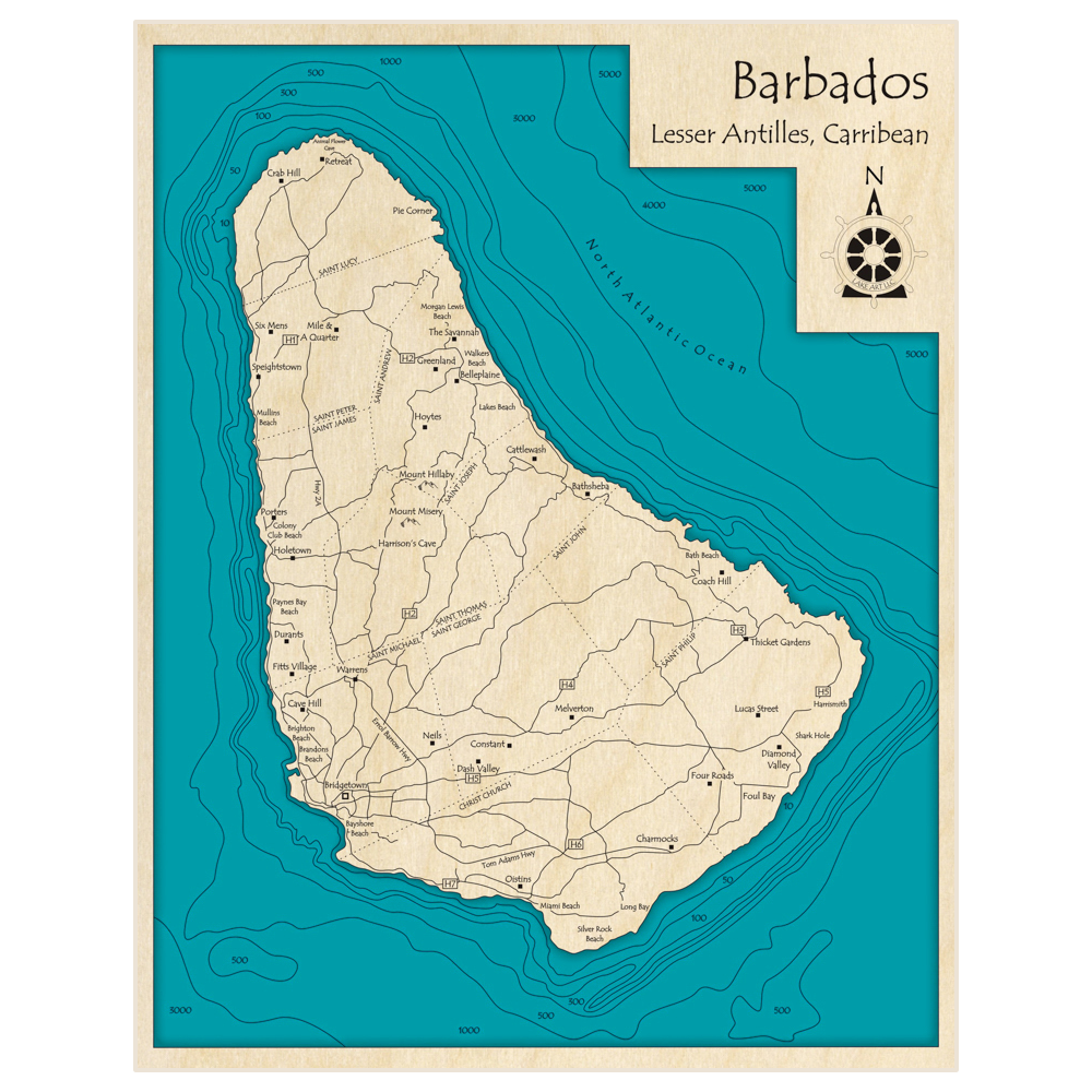 Bathymetric topo map of Barbados with roads, towns and depths noted in blue water