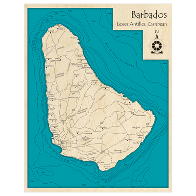 Bathymetric topo map of Barbados with roads, towns and depths noted in blue water
