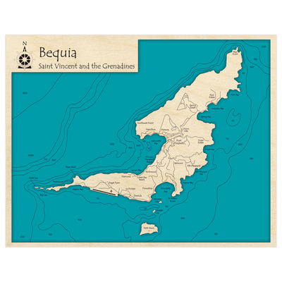 Bathymetric topo map of Bequia with roads, towns and depths noted in blue water