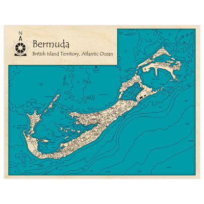 Bathymetric topo map of Bermuda with roads, towns and depths noted in blue water