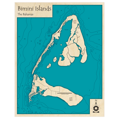 Bathymetric topo map of Bimini Islands with roads, towns and depths noted in blue water