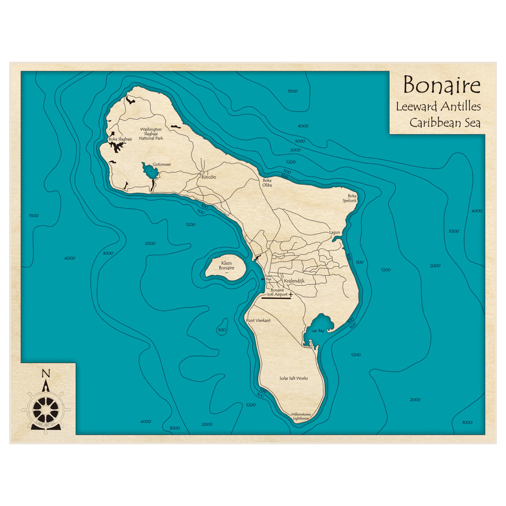 Bathymetric topo map of Bonaire with roads, towns and depths noted in blue water