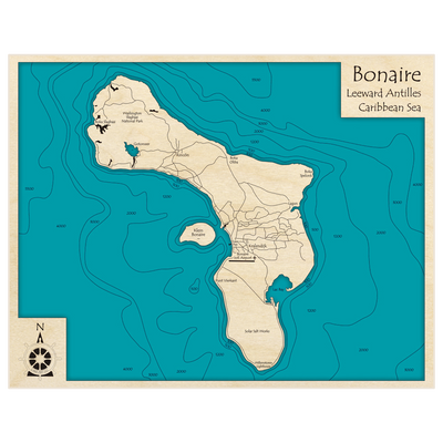 Bathymetric topo map of Bonaire with roads, towns and depths noted in blue water