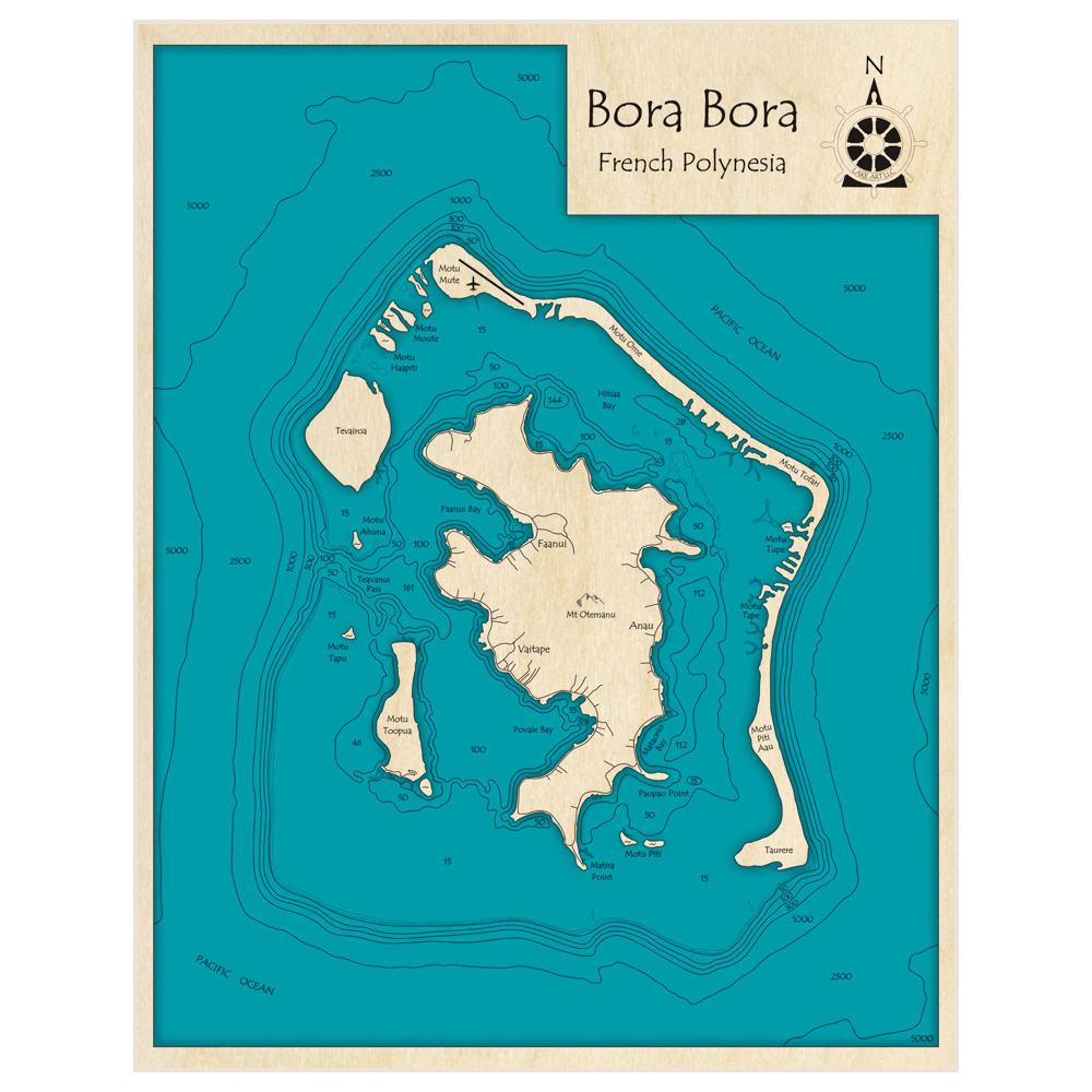 Bathymetric topo map of Bora Bora with roads, towns and depths noted in blue water