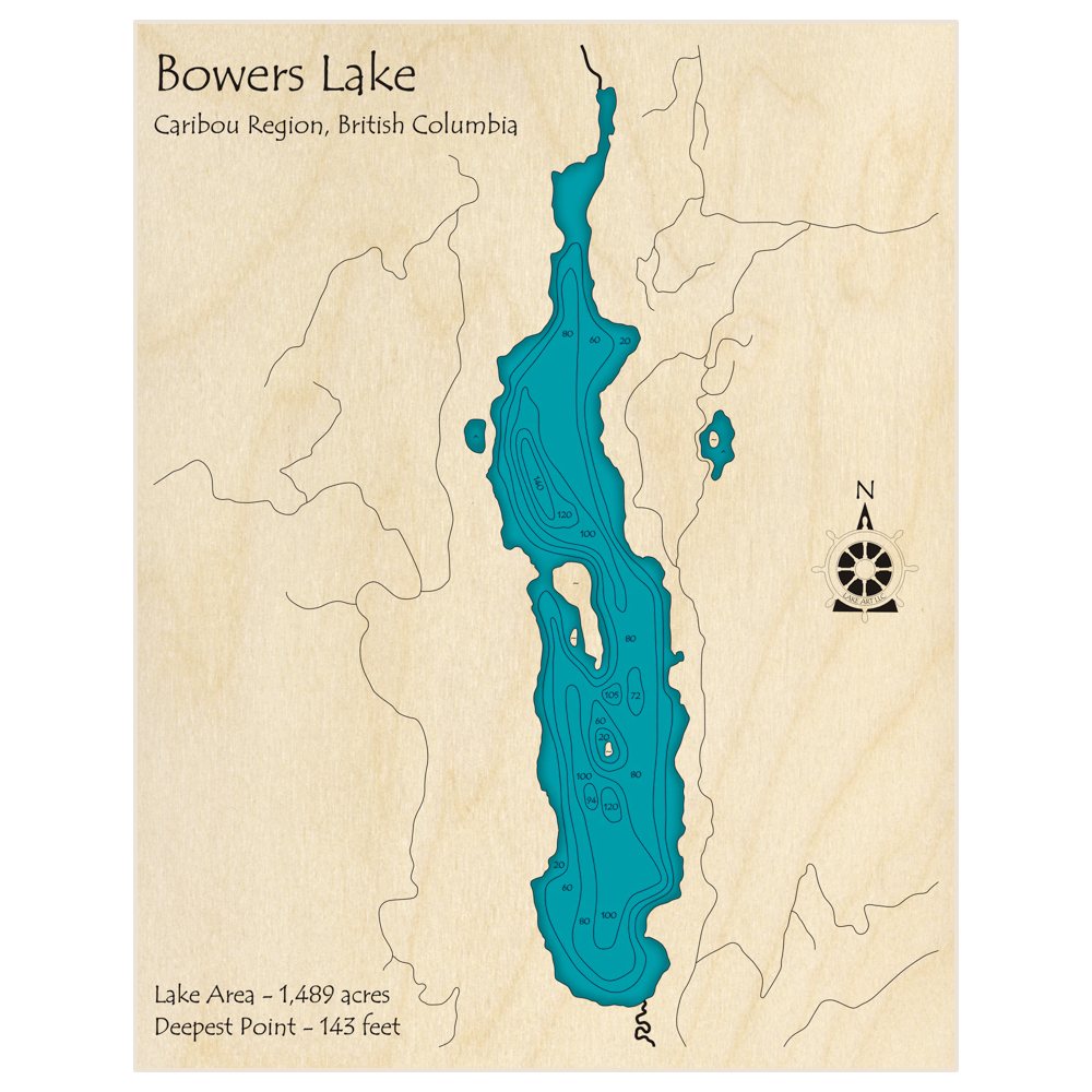 Bathymetric topo map of Bowers Lake with roads, towns and depths noted in blue water