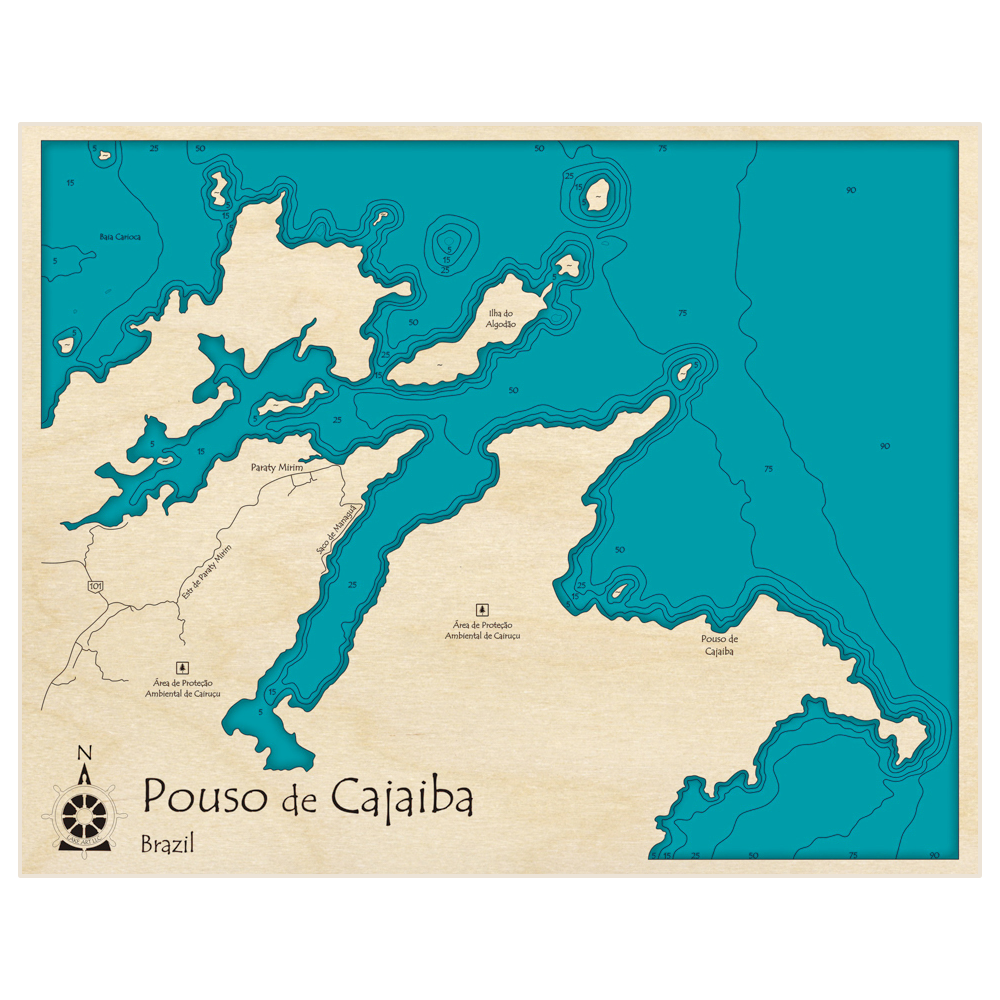 Bathymetric topo map of Pouso de Cajaiba with roads, towns and depths noted in blue water