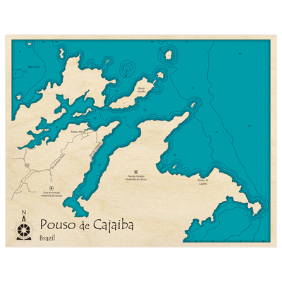 Bathymetric topo map of Pouso de Cajaiba with roads, towns and depths noted in blue water