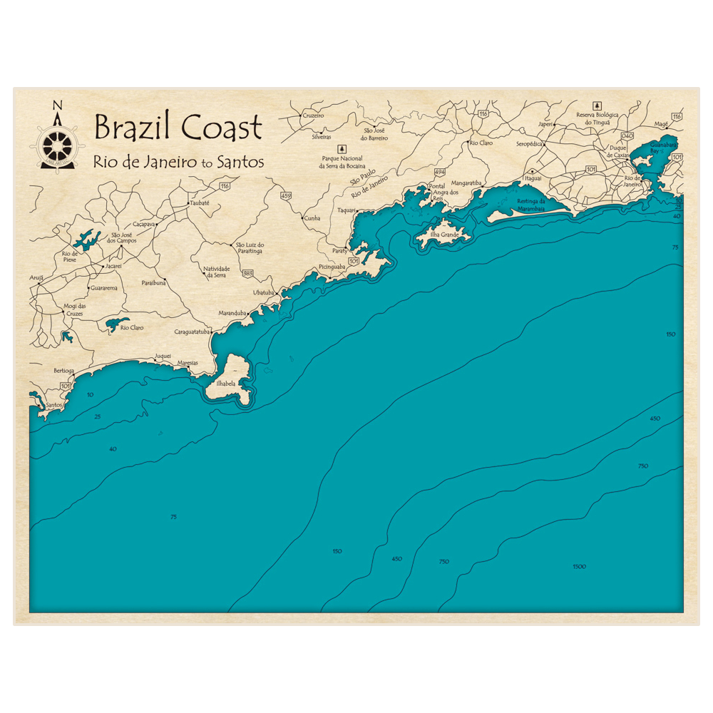 Bathymetric topo map of Brazil Coast (Rio de Janeiro to Santos) with roads, towns and depths noted in blue water