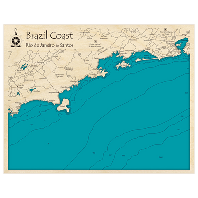 Bathymetric topo map of Brazil Coast (Rio de Janeiro to Santos) with roads, towns and depths noted in blue water