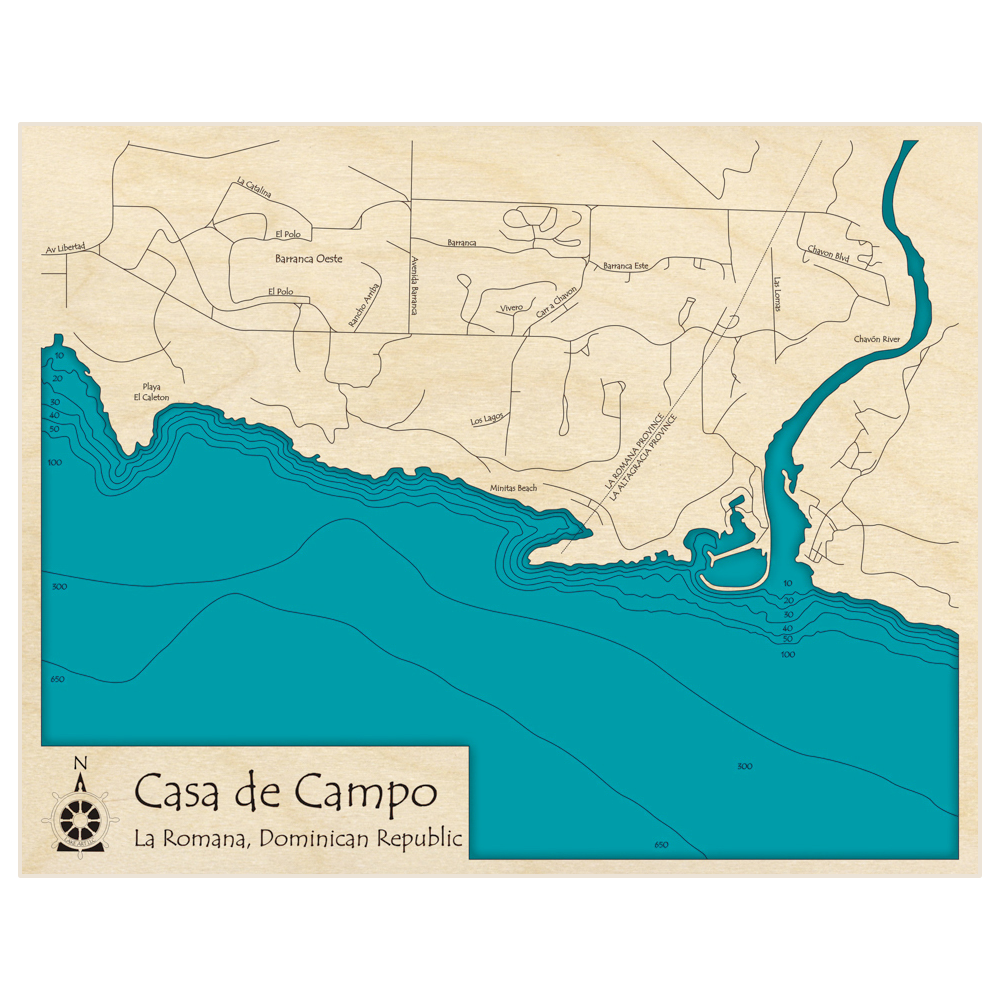 Bathymetric topo map of Casa de Campo with roads, towns and depths noted in blue water