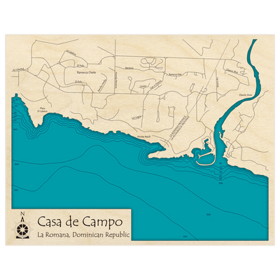 Bathymetric topo map of Casa de Campo with roads, towns and depths noted in blue water