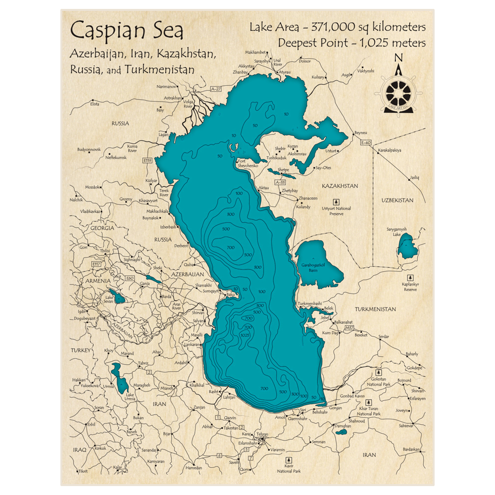 Bathymetric topo map of Caspian Sea with roads, towns and depths noted in blue water