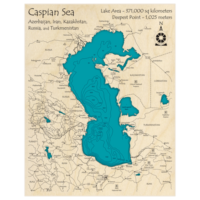Bathymetric topo map of Caspian Sea with roads, towns and depths noted in blue water