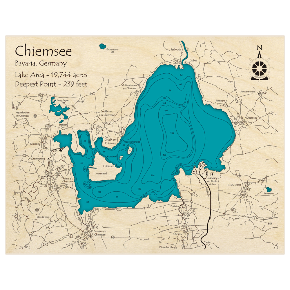 Bathymetric topo map of Chiemsee with roads, towns and depths noted in blue water