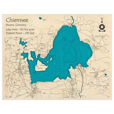 Bathymetric topo map of Chiemsee with roads, towns and depths noted in blue water