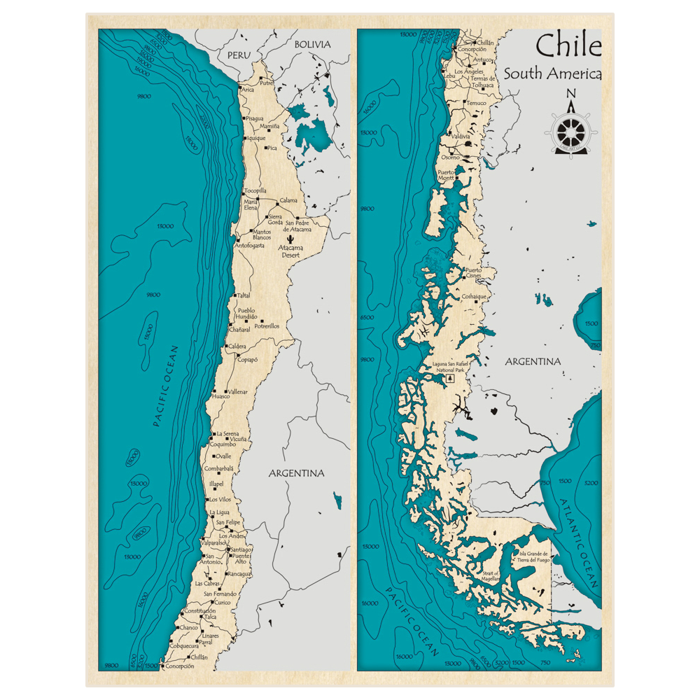 Bathymetric topo map of Chile (Two Panel Split Map) with roads, towns and depths noted in blue water
