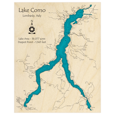 Bathymetric topo map of Lake Como with roads, towns and depths noted in blue water