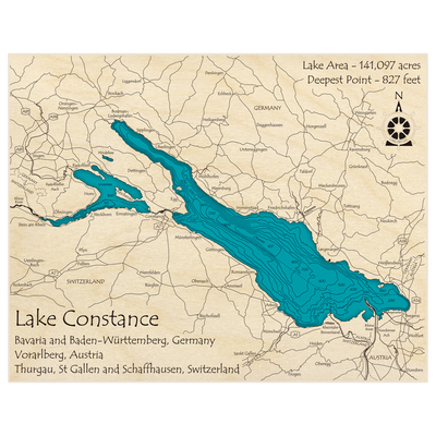 Bathymetric topo map of Lake Constance with roads, towns and depths noted in blue water
