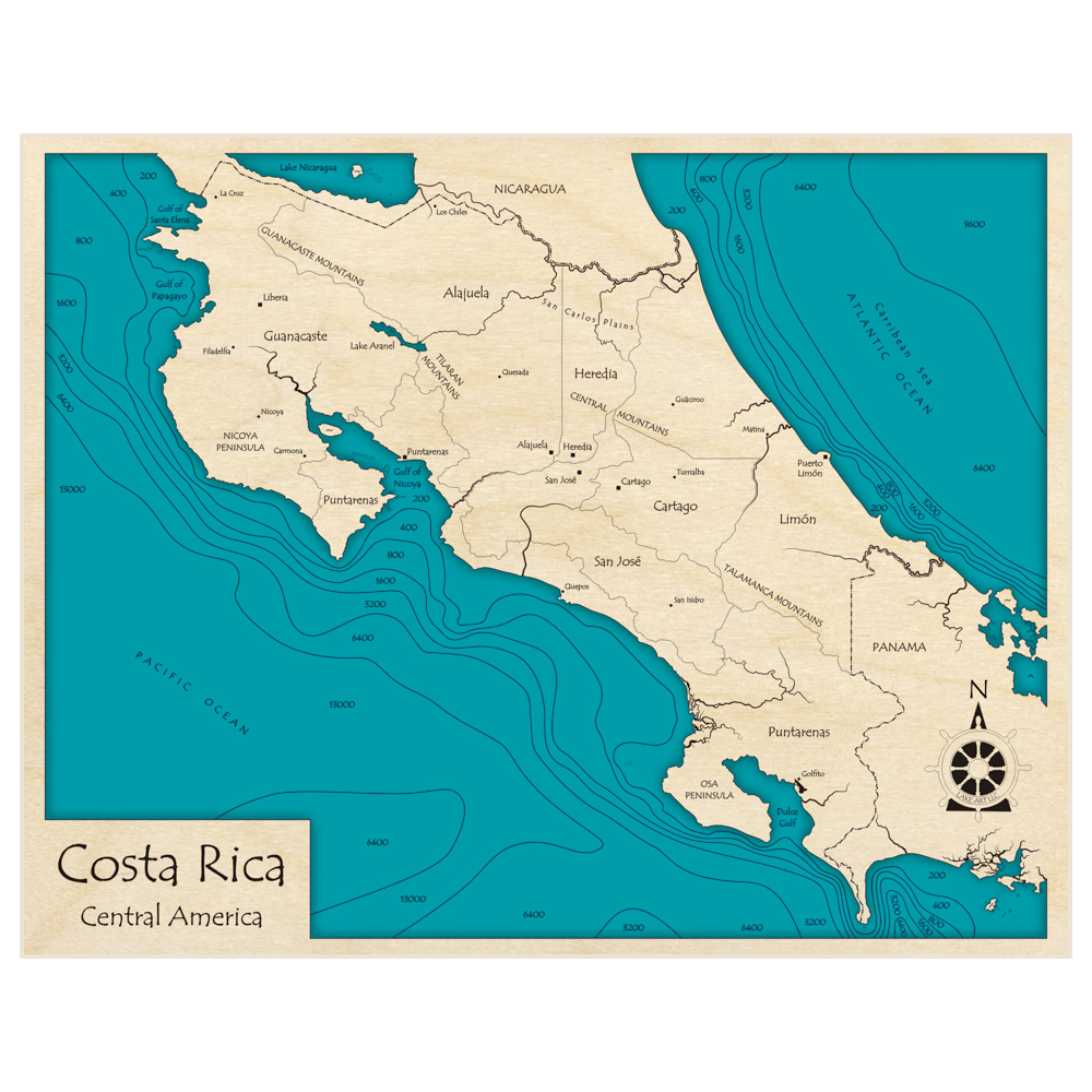 Bathymetric topo map of Costa Rica with roads, towns and depths noted in blue water