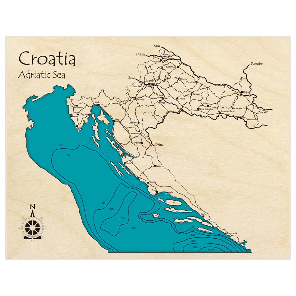 Bathymetric topo map of Croatia with roads, towns and depths noted in blue water