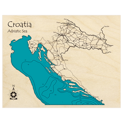 Bathymetric topo map of Croatia with roads, towns and depths noted in blue water