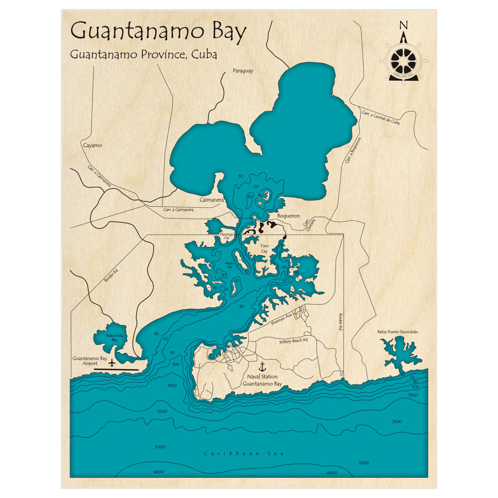 Bathymetric topo map of Guantanamo Bay with roads, towns and depths noted in blue water