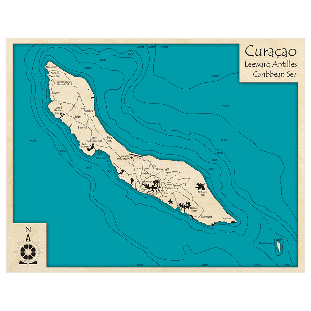 Bathymetric topo map of Curaçao with roads, towns and depths noted in blue water