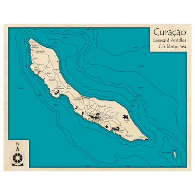 Bathymetric topo map of Curaçao with roads, towns and depths noted in blue water