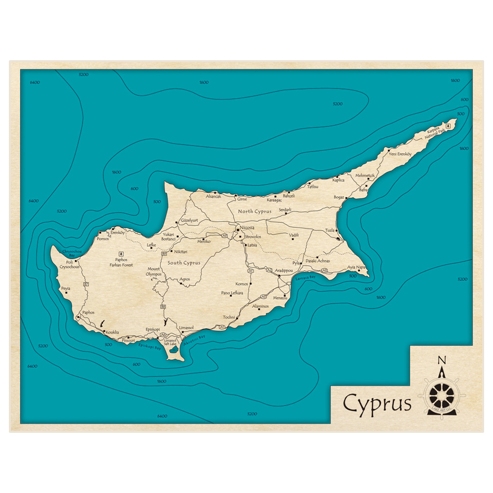 Bathymetric topo map of Cyprus (North and South) with roads, towns and depths noted in blue water
