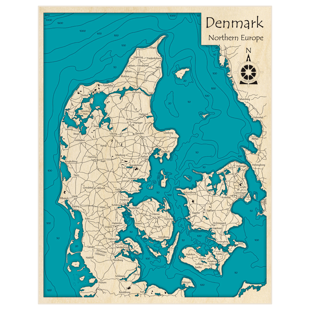 Bathymetric topo map of Denmark with roads, towns and depths noted in blue water