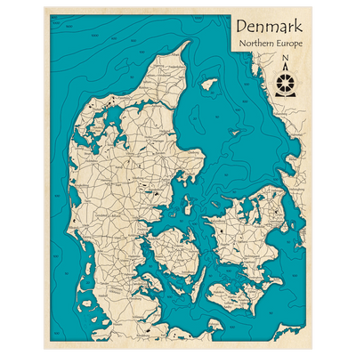 Bathymetric topo map of Denmark with roads, towns and depths noted in blue water