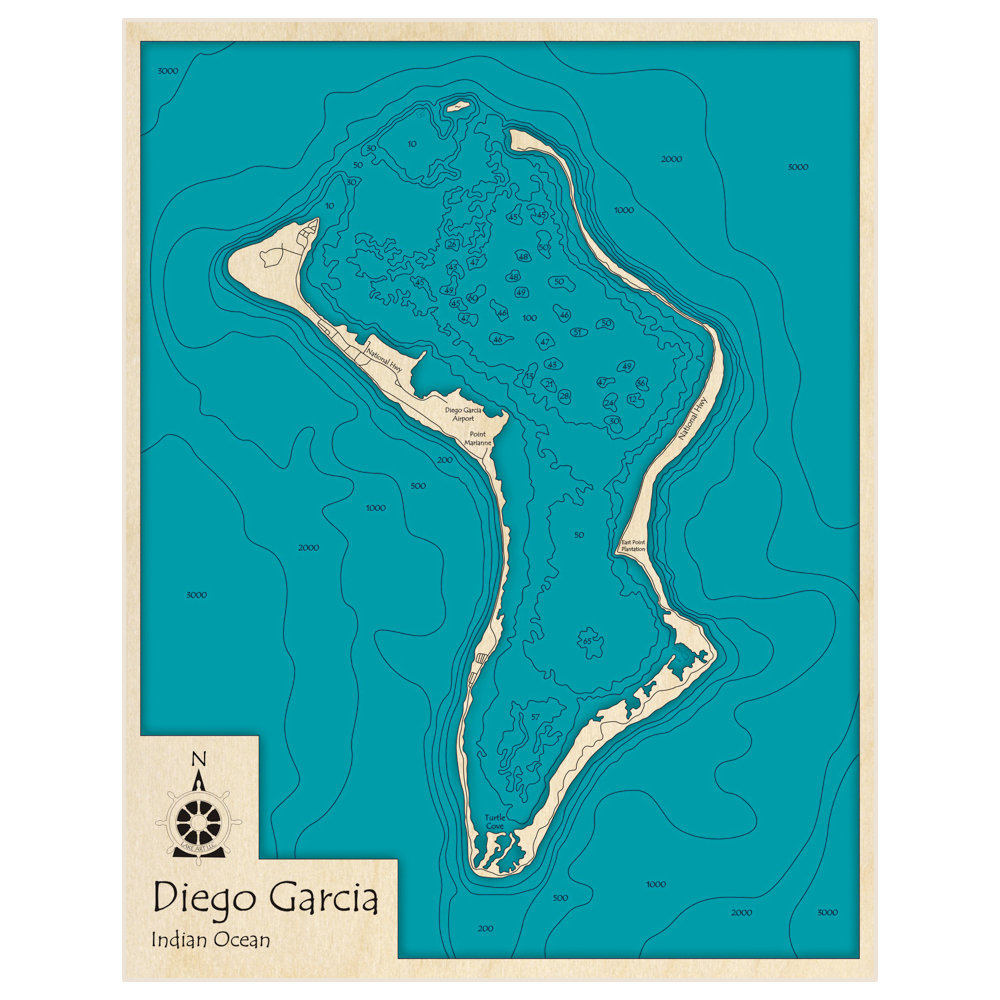Bathymetric topo map of Diego Garcia with roads, towns and depths noted in blue water