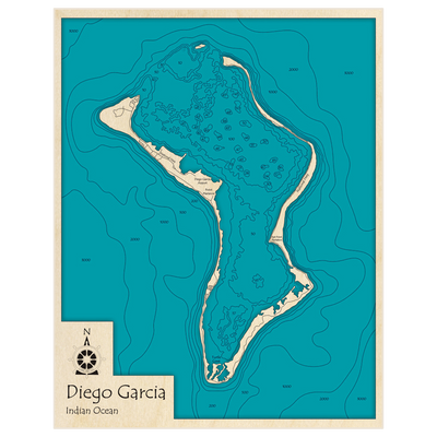 Bathymetric topo map of Diego Garcia with roads, towns and depths noted in blue water