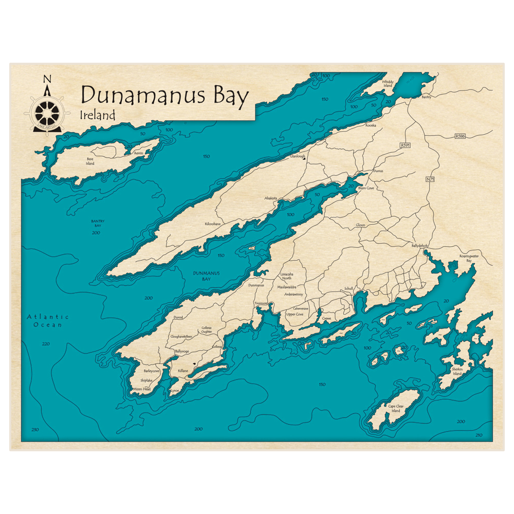 Bathymetric topo map of Dunamanus Bay with roads, towns and depths noted in blue water