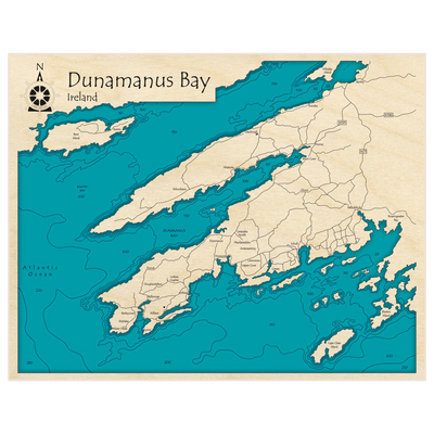 Bathymetric topo map of Dunamanus Bay with roads, towns and depths noted in blue water