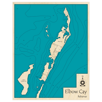 Bathymetric topo map of Elbow Cay with roads, towns and depths noted in blue water